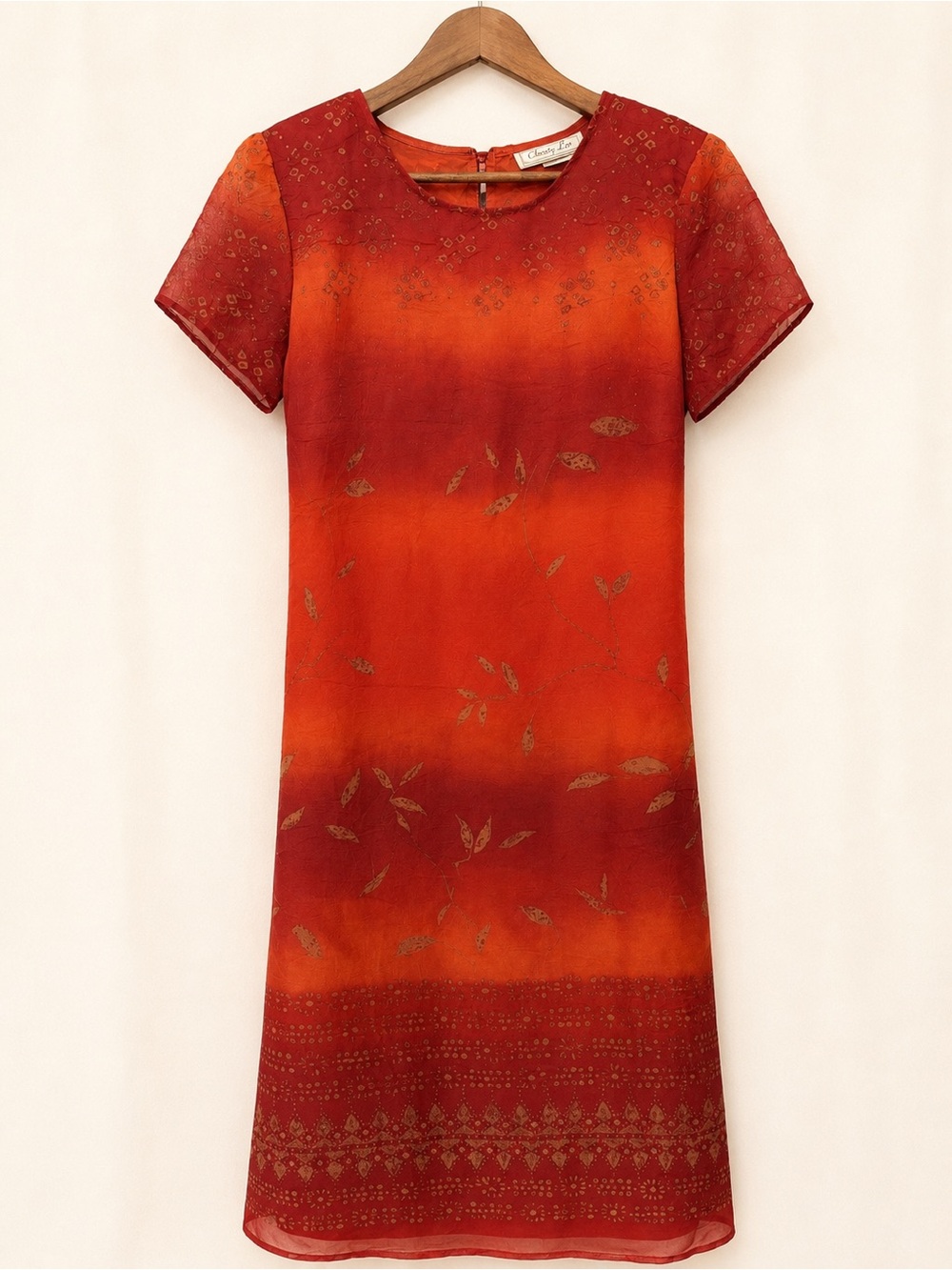 NWT Christy Lyn Sheer Overlay Midi Dress Red Orange Abstract Leaf Print 13/14